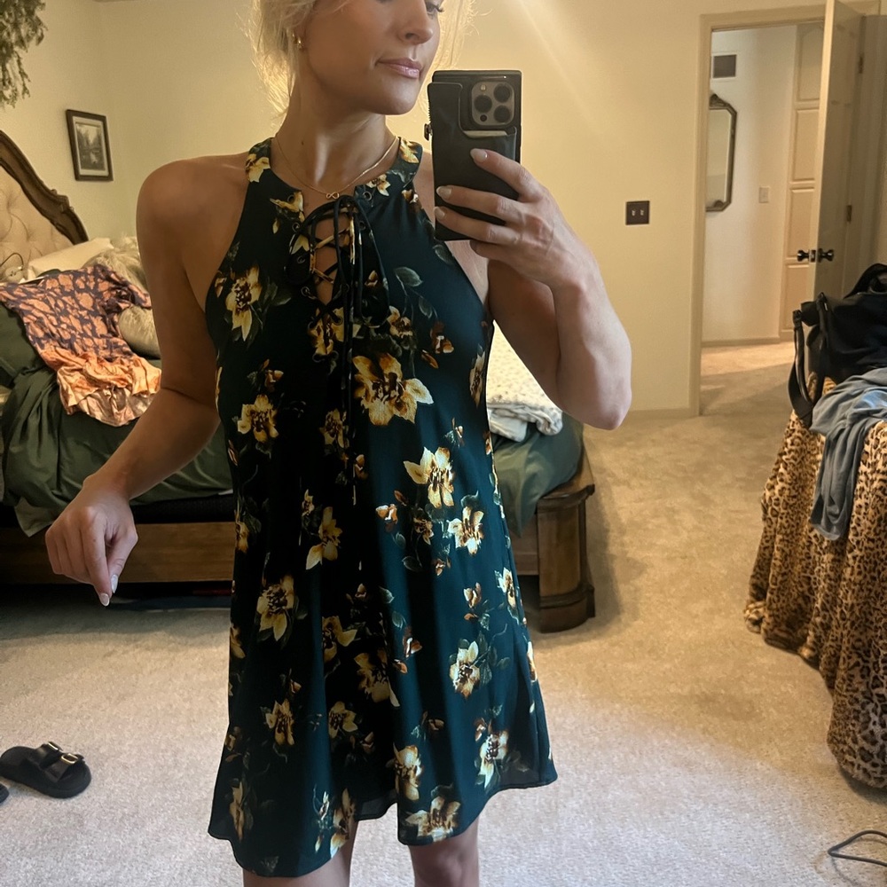 Altars state high neck lace up green floral mini dress
